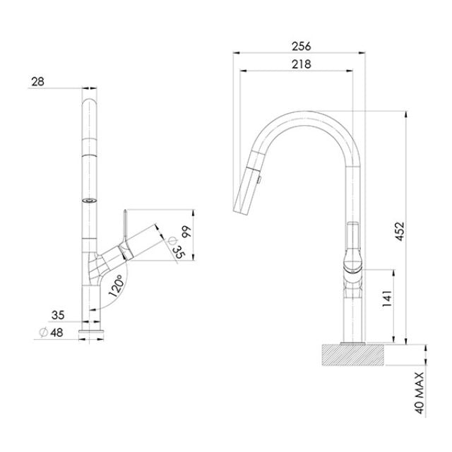 Phoenix Linq pull out sink mixer technical drawing in stainless steel, showing dimensions and side/front views