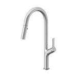 Phoenix Linq pull out sink mixer in stainless steel, single lever kitchen tap, side view on white background