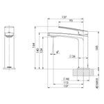 Phoenix Mekko basin mixer technical drawing in brushed carbon, with front and side views and measurements.