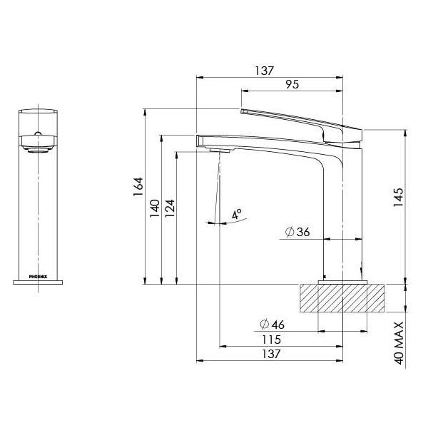 Phoenix Mekko basin mixer technical drawing in brushed carbon, with front and side views and measurements.