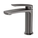 Phoenix Mekko basin mixer tap in brushed carbon, with curved spout and single lever handle on a white background