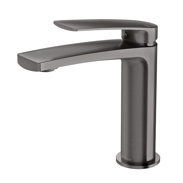 Phoenix Mekko basin mixer tap in brushed carbon, with curved spout and single lever handle on a white background