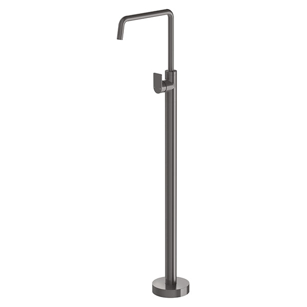 Phoenix Mekko floor mounted bath mixer in brushed carbon with tall swivel spout, shown on white background
