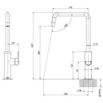 Phoenix Mekko sink mixer technical drawing, squareline gooseneck tap in brushed carbon with 190mm spout and 357mm height measurements