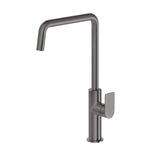 Phoenix Mekko squareline sink mixer in brushed carbon, gooseneck style with lever handle, side view on white background