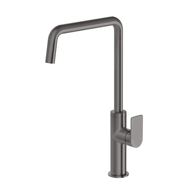 Phoenix Mekko squareline sink mixer in brushed carbon, gooseneck style with lever handle, side view on white background