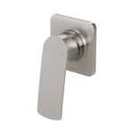 Phoenix Mekko wall mixer in brushed nickel, with rounded rectangular backplate and long lever handle shown front on