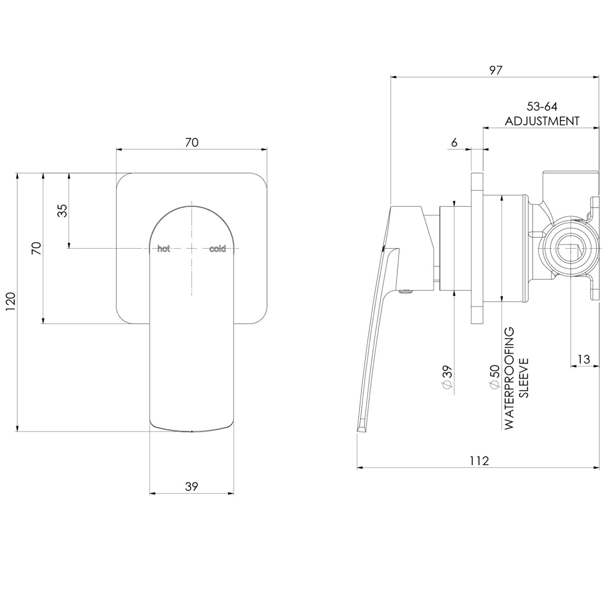 Phoenix Mekko SwitchMix shower wall mixer technical drawing in brushed nickel, showing front and side dimensions