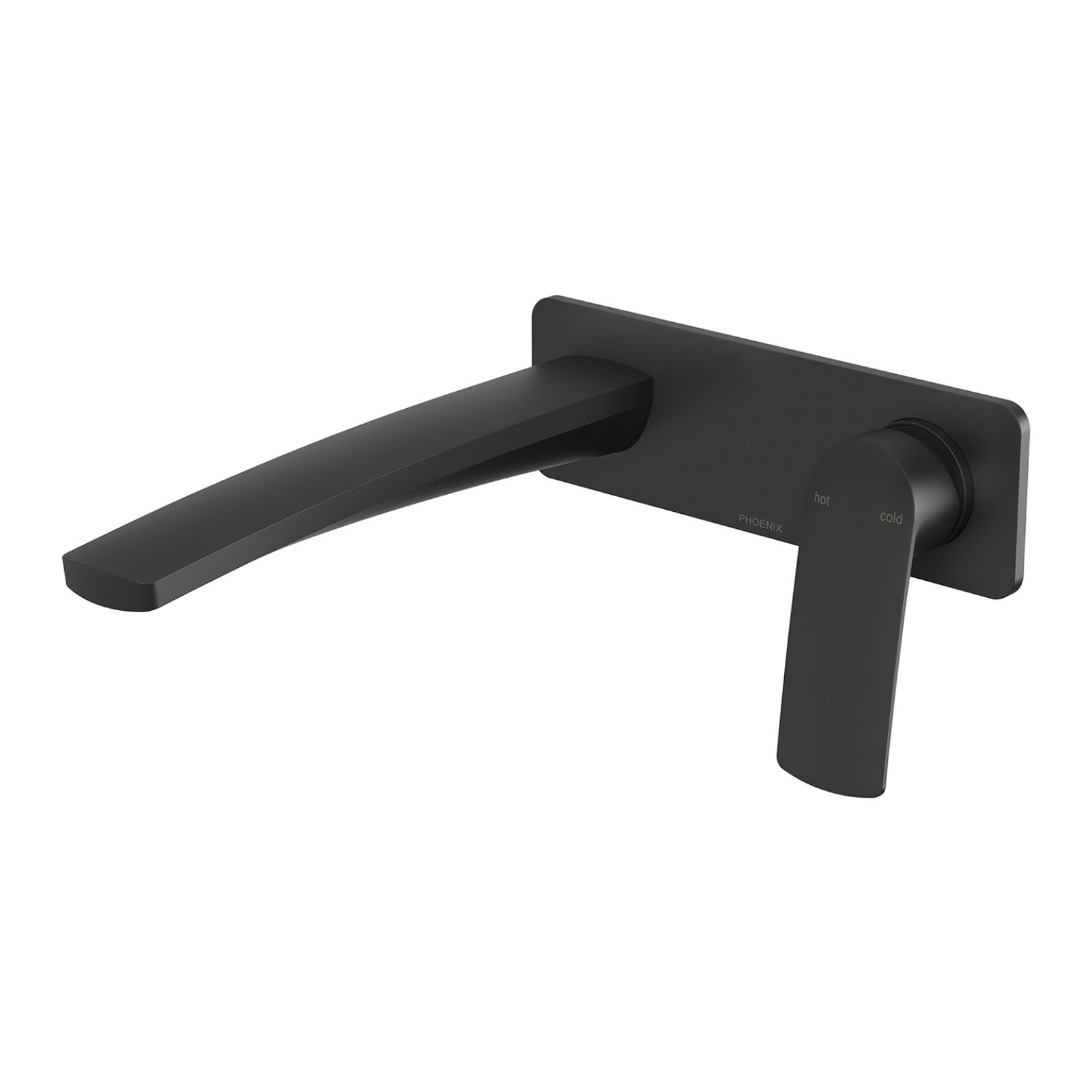 Phoenix Mekko matte black wall basin/bath mixer set with 200mm spout and rectangular backplate, front view