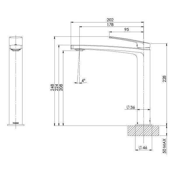 Phoenix Mekko vessel mixer technical drawing in brushed carbon, showing side view and dimensions for hob-mounted basin tap