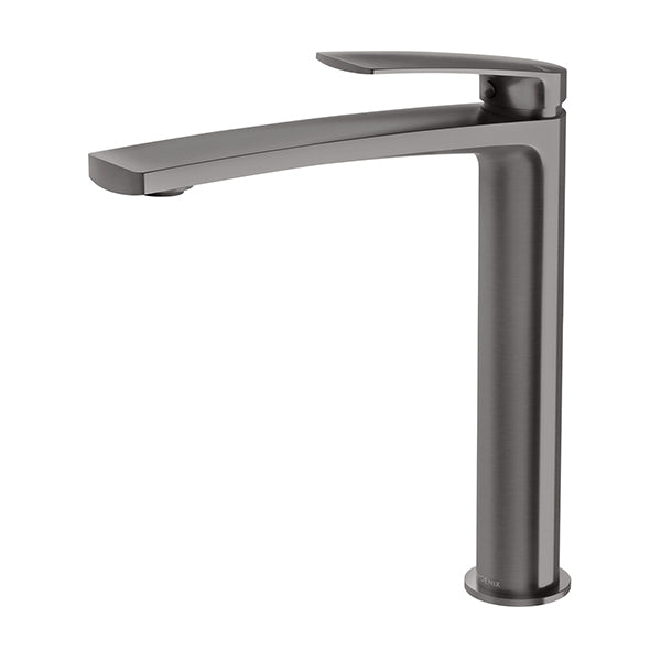 Phoenix Mekko vessel mixer tap in brushed carbon, side view, tall hob-mounted basin mixer with square spout and lever handle