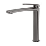 Phoenix Mekko vessel mixer tap in brushed carbon, side view, tall hob-mounted basin mixer with square spout and lever handle