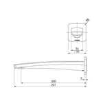 Phoenix Mekko wall basin outlet technical drawing, brushed carbon, 200mm reach, side and front views with dimensions