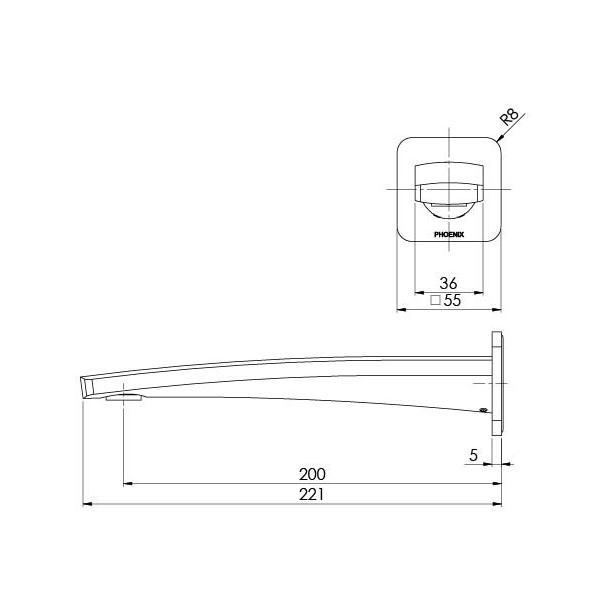 Phoenix Mekko wall basin outlet technical drawing, brushed carbon, 200mm reach, side and front views with dimensions
