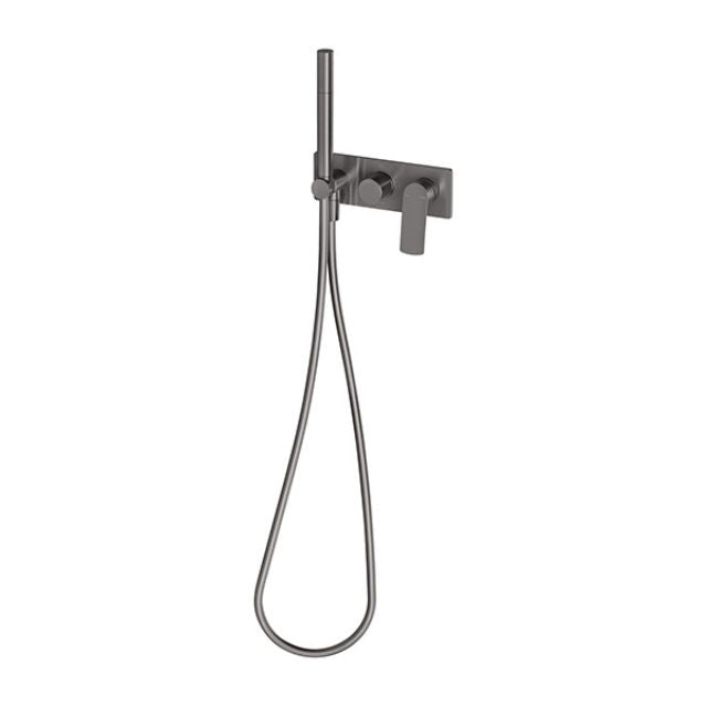 Phoenix Mekko wall shower system in brushed carbon, wall-mounted with hand shower and hose on rectangular backplate.