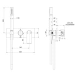 Phoenix Mekko wall shower system technical drawing, chrome, showing front and side views with measurements and wall-mounted handset hose.