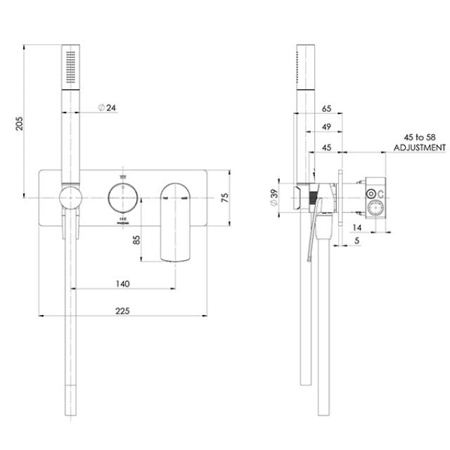 Phoenix Mekko wall shower system technical drawing, chrome, showing front and side views with measurements and wall-mounted handset hose.
