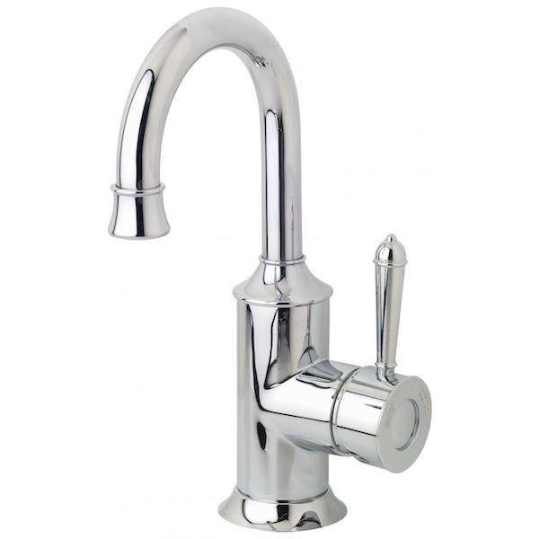 Phoenix Nostalgia basin mixer tap in polished chrome with gooseneck spout and side lever, front view on white background