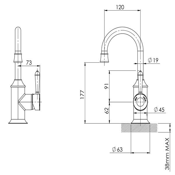 Phoenix Nostalgia basin mixer technical drawing, chrome/white, 120mm gooseneck spout, side and front views with dimensions
