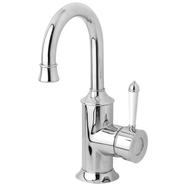 Phoenix Nostalgia basin mixer tap with 120mm chrome gooseneck spout and white lever, hob mounted on white background
