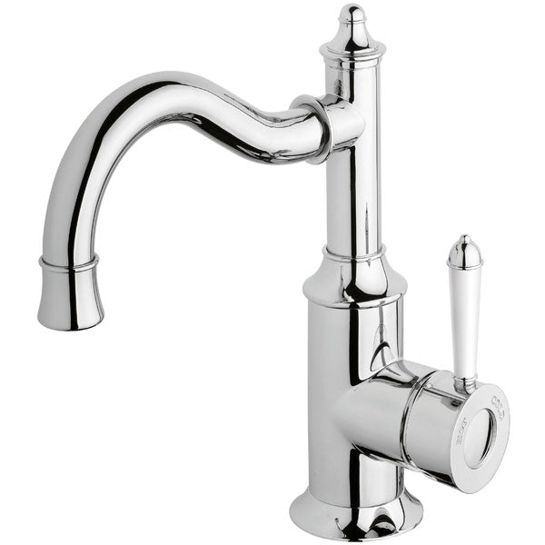 Phoenix Nostalgia basin mixer tap with shepherds crook spout, chrome and white, hob mounted close-up