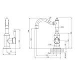 Phoenix Nostalgia basin mixer technical drawing with shepherds crook spout, brushed nickel finish and dimension measurements