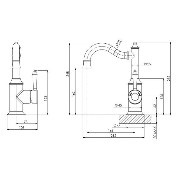 Phoenix Nostalgia basin mixer technical drawing with shepherds crook spout, brushed nickel finish and dimension measurements
