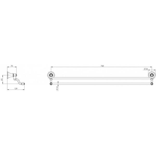 Phoenix Nostalgia double towel rail 760mm in chrome, shown as a technical line drawing with dimensions