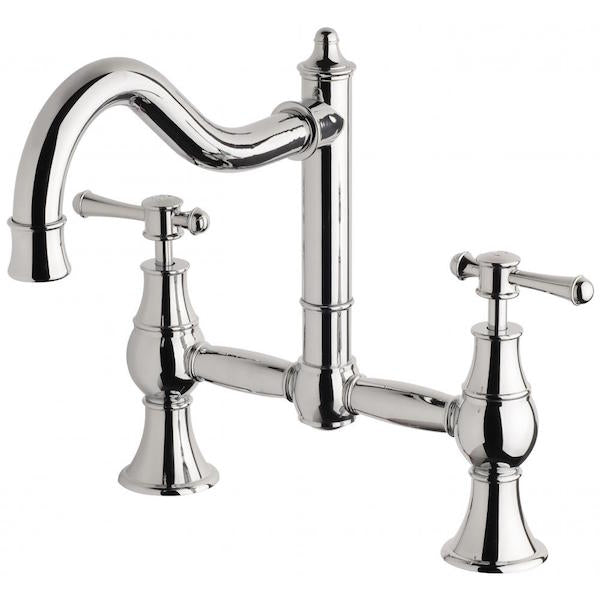 Phoenix Nostalgia exposed sink set in polished chrome, three-piece traditional tapware with curved swivel spout and lever handles