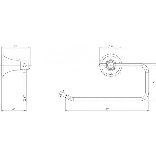 Phoenix Nostalgia hand towel holder technical drawing in polished chrome, showing wall plate and dimensions