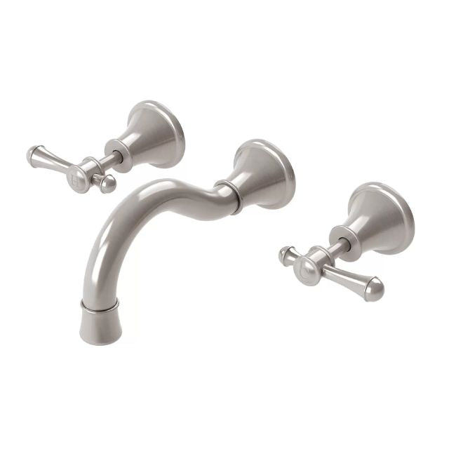 Phoenix Nostalgia brushed nickel basin and bath tap set with shepherds crook spout and lever handles, wall mounted