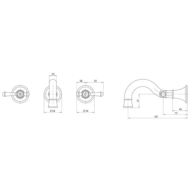 Technical drawing of Phoenix Nostalgia lever basin/bath set in brushed nickel, showing wall-mounted round plates and 180mm shepherds crook spout