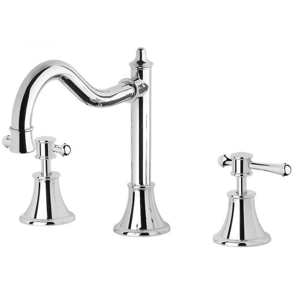 Phoenix Nostalgia 3 piece basin tap set in polished chrome, with shepherds crook spout and lever handles