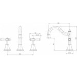 Phoenix Nostalgia basin tap set technical drawing in brushed nickel, with lever handles and shepherds crook spout, dimensions shown
