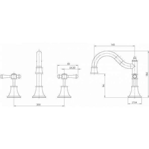 Phoenix Nostalgia basin tap set technical drawing in brushed nickel, with lever handles and shepherds crook spout, dimensions shown