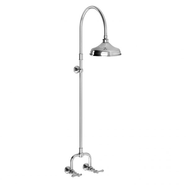 Phoenix Nostalgia lever exposed shower set in chrome, with round wall shower head and exposed wall taps on a white background