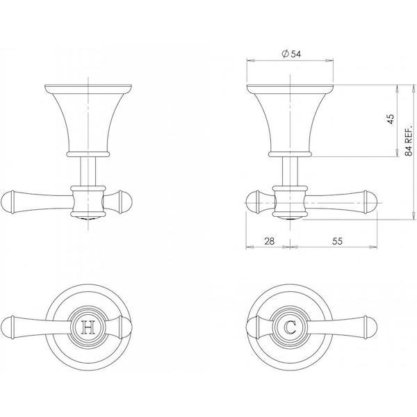 Technical drawing of Phoenix Nostalgia lever wall top assemblies, showing front and top views with dimensions in brushed nickel finish