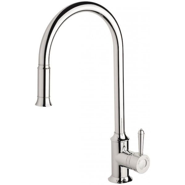 Phoenix Nostalgia chrome pull out sink mixer tap with high arched swivel spout and lever handle, front view on white background