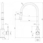 Phoenix Nostalgia pull out sink mixer in chrome, shown as a technical dimension drawing with side and front views