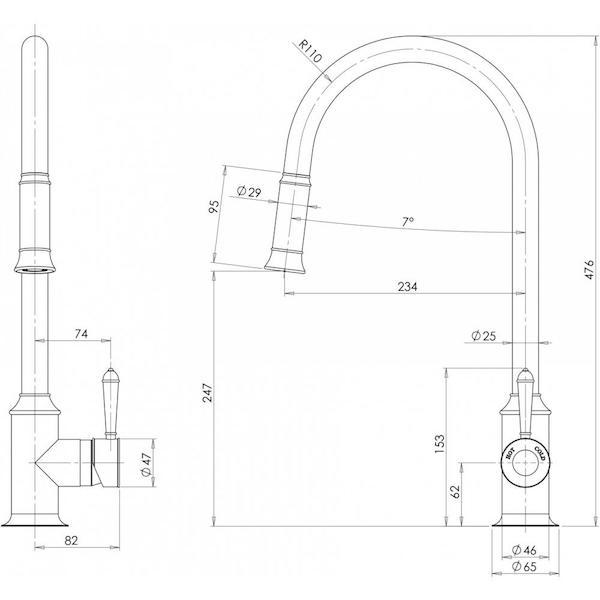 Phoenix Nostalgia pull out sink mixer, brushed nickel heritage tap technical drawing with dimensions and side views