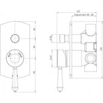 Phoenix Nostalgia chrome shower/bath diverter mixer technical drawing, front and side views with dimensions
