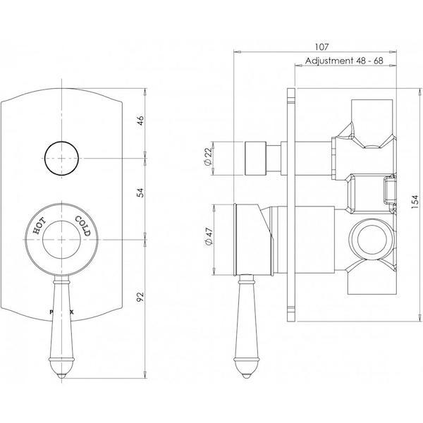 Phoenix Nostalgia chrome shower/bath diverter mixer technical drawing, front and side views with dimensions
