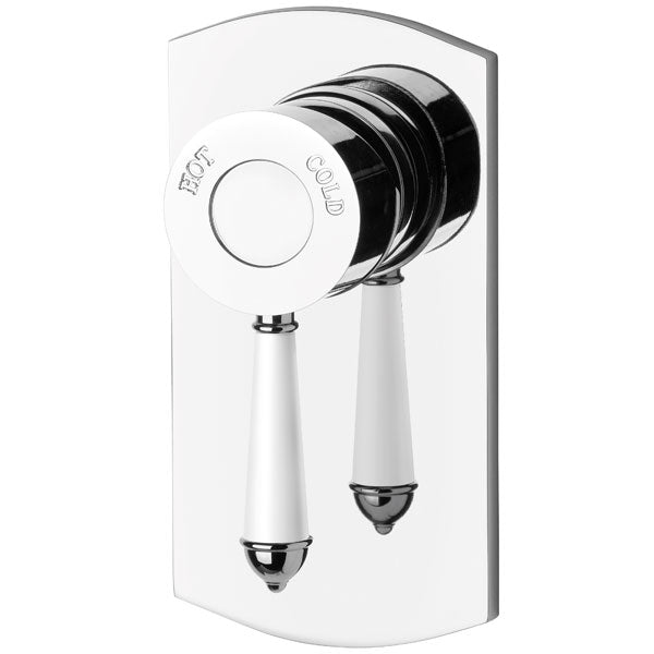 Phoenix Nostalgia wall-mounted shower mixer tap in chrome and white, with round lever on curved rectangular plate