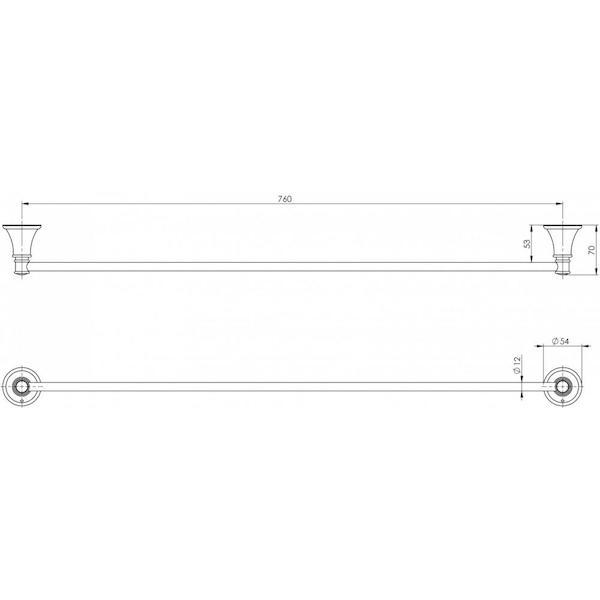 Phoenix Nostalgia single towel rail 760mm brushed nickel technical drawing with dimensions