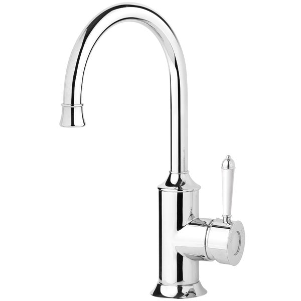 Phoenix Nostalgia gooseneck sink mixer tap in chrome and white, side view on white background