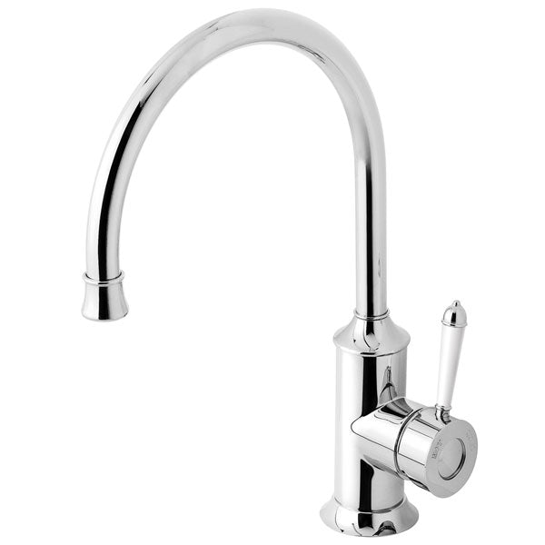 Phoenix Nostalgia gooseneck sink mixer tap in chrome and white, hob mounted with polished chrome finish