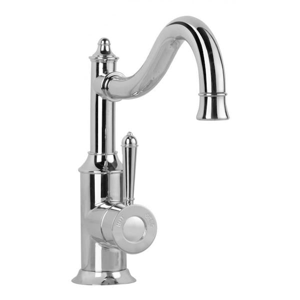Phoenix Nostalgia chrome sink mixer with shepherds crook gooseneck spout and lever handle, side view on white background
