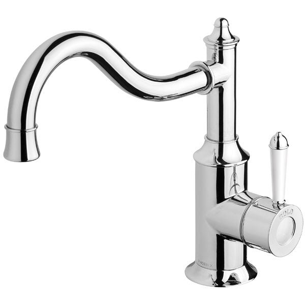 Phoenix Nostalgia shepherds crook sink mixer, chrome finish with white lever, hob mounted tap shown on white background