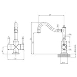 Phoenix Nostalgia twin handle sink mixer technical drawing, chrome Shepherds Crook tap, side and front views with dimensions