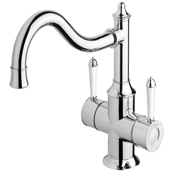 Phoenix Nostalgia twin handle sink mixer with shepherds crook spout, chrome finish and white handles, front view